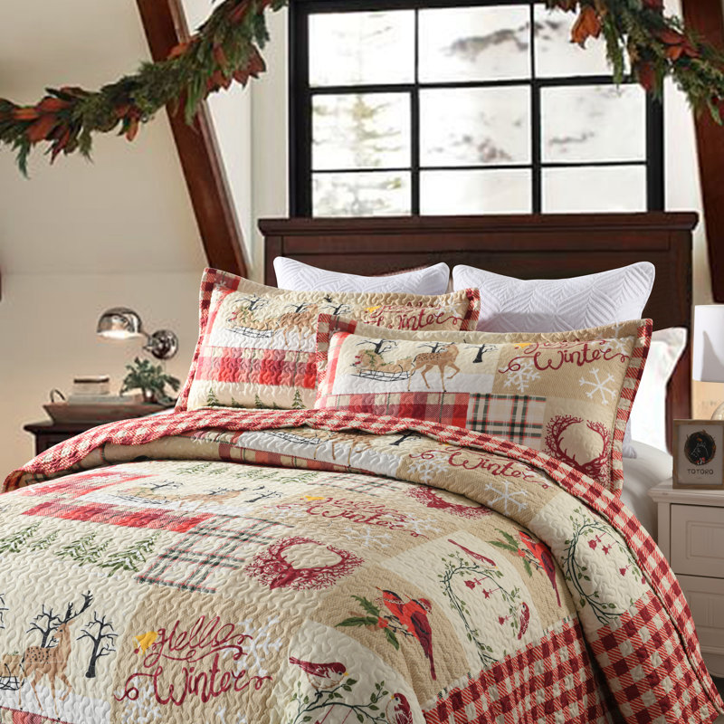 King Size Red and Beige Reversible Microfiber Bedspread Set