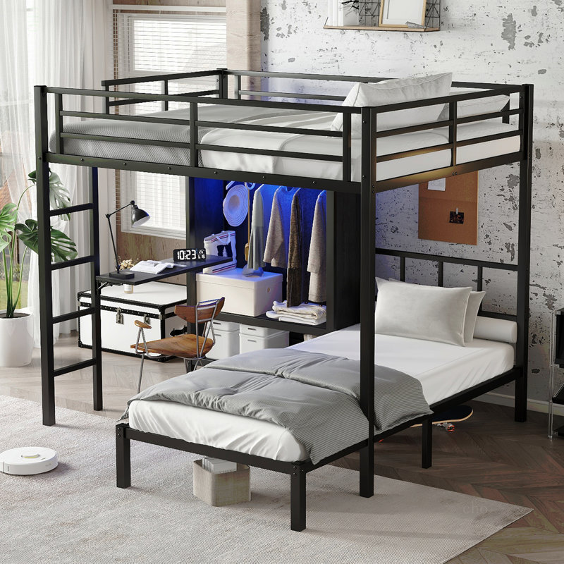 Lit superposé double au-dessus d'un lit simple en métal avec bureau pliant, garde-robe à DEL, peu encombrant / réduit le bruit
