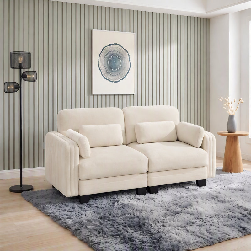 Canapé modulaire capitonné avec dossier réglable Channel, Chenille beige, 35" H x 69.3" W x 35" D