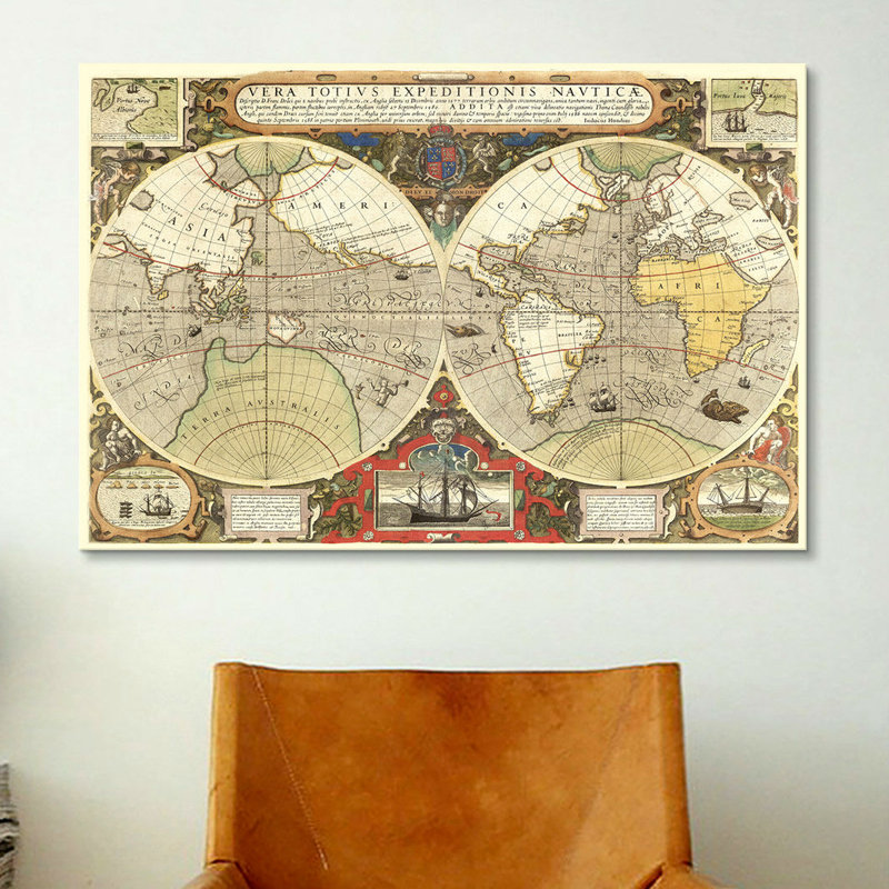 Carte historique du monde (1595), impression sur toile, H 40 po x l 60 po x P 1,5 po, Toile tendue, Pas de tapis