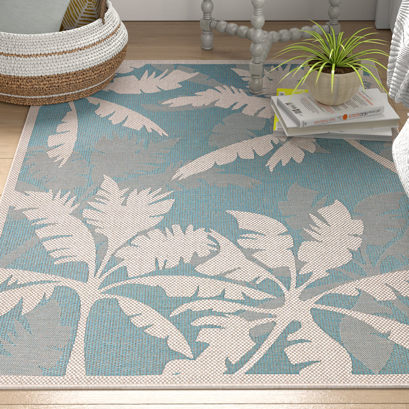 Tapis d'intérieur / extérieur ivoire / turquoise à motif floral Waddington, Rectangle 7 pi 6 po x 10 pi 9 po