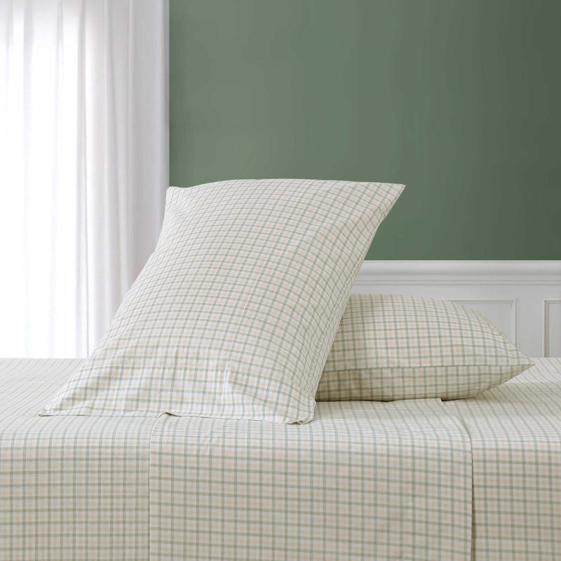 Bradford 200 Thread Count Breathable Cotton Percale Sheet Set, Full Sheet Set with 2 Pillowcases, Calm Seas Gingham Green