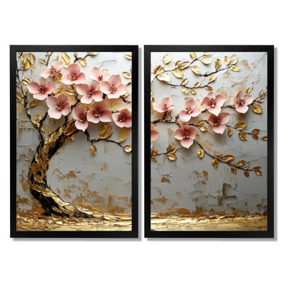 Pink And Gold Cherry Blossom Tree By The Lake - Cherry Blossom Wall Art, Pink Floral Canvas Print Set Of 2