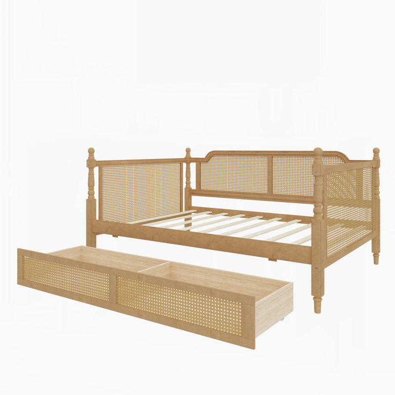 Traditional Style Rattan Full Size Daybed with 2 Drawers for Limited Space, Guest Room, No Box Spring Needed,Antique Walnut