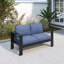 Causeuse de patio en aluminium toutes saisons de 50 po avec coussins bleus épais et structure noire-1244696757-1244696759