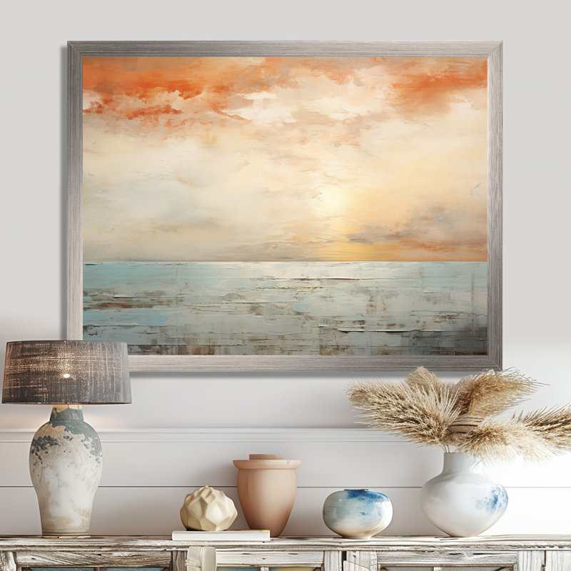 Pinheiro - art mural coucher de soleil côtier, H 16 po x l 32 po x P 1 po, Cadre simple argenté