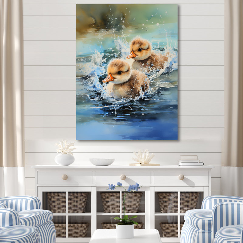 «Playful Paddler Ducklings» - Art mural animal canard, Toile tendue, H 20 po x l 12 po x P 1 po