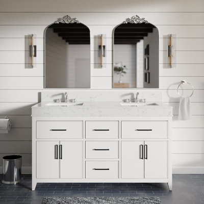 Meuble-lavabo double 60 po avec plateau en pierre reconstituée Bories
