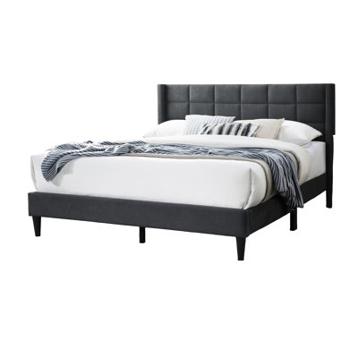 Contemporary Bedroom Queen Bed, Charcoal Brushed Linen, Design Modern Bed With Linen Headboard In Charcoal, Space Optimized Bedframe