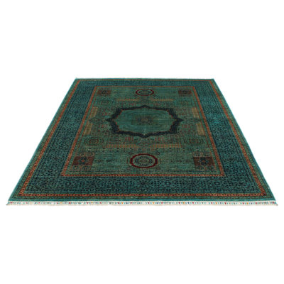 6x8 Green and Multicolor Turkish Tribal Rug