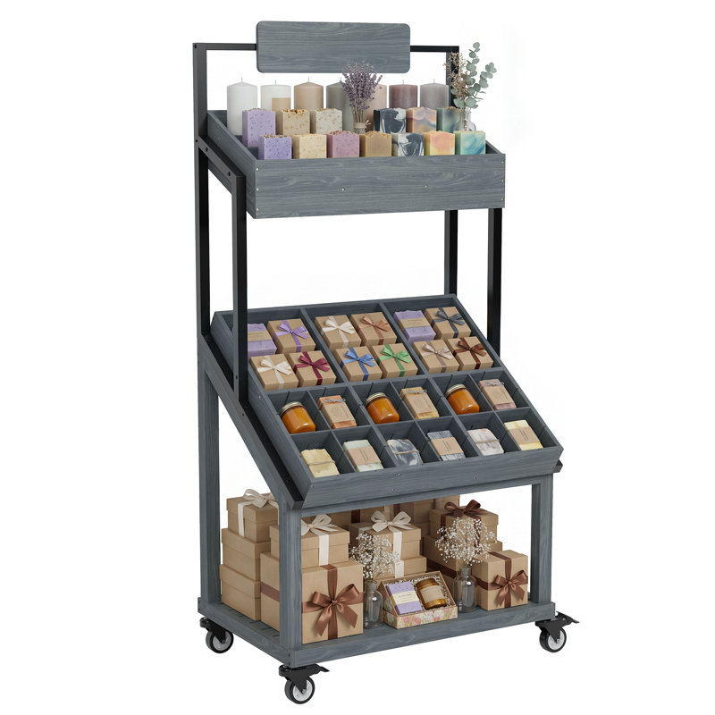 Présentoir roulant pour boutiques éphémères avec séparateurs ajustables pour artisanat, cadeaux, collations et petits produits.