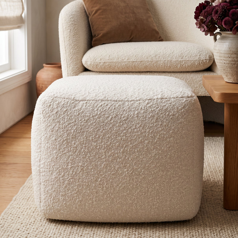 Inaki Upholstered Ottoman, Ivory Boucle