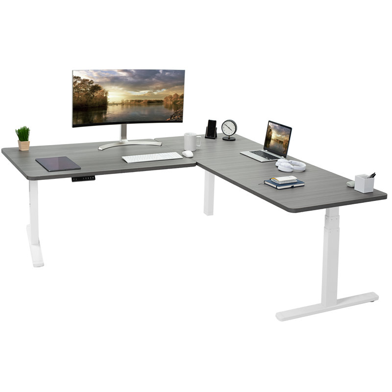 Electric Adjustable Corner Desk in Light Wood & White, 77" x 71"
