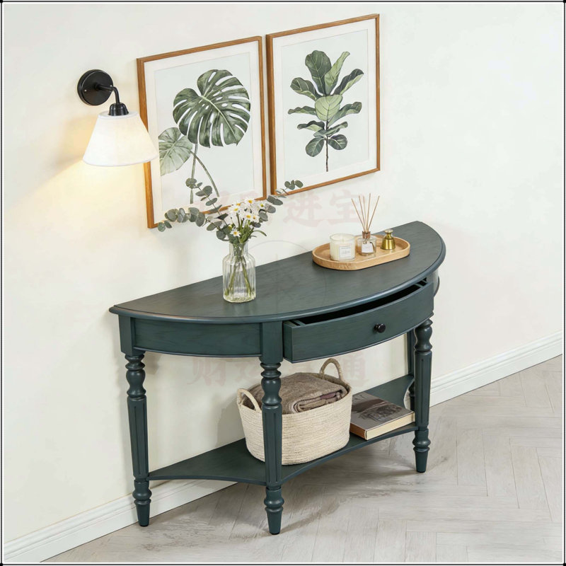 Farmhouse Half Moon Console Table with Drawer and Shelf, Space-Saving Design for Narrow Entryways and Hallways, Navy