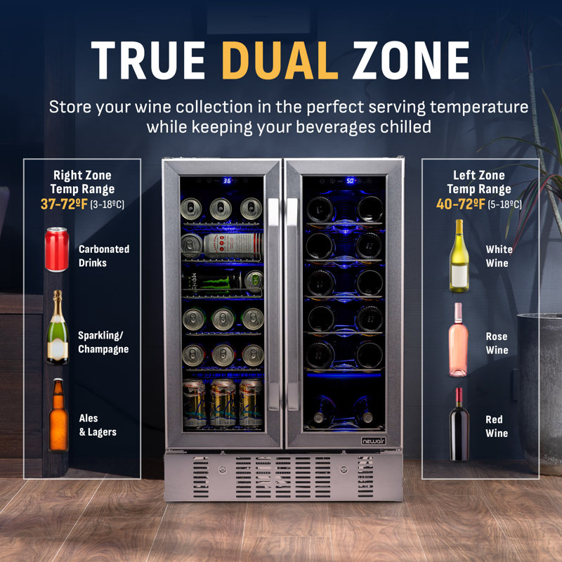 Newair 24” Built-in Dual Zone 18 Bottle and 58 Can Wine and Beverage Fridge in Stainless Steel 