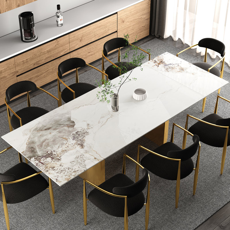Modern 63" To 94.48" Extendable Sintered Stone Dining Table With Metal Legs , Seats 8-10, Chanel White, Gold