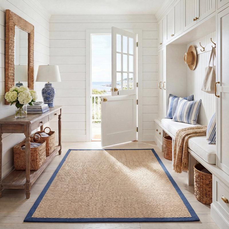 Tapis naturel / bleu Chester, Tapis de couloir beige