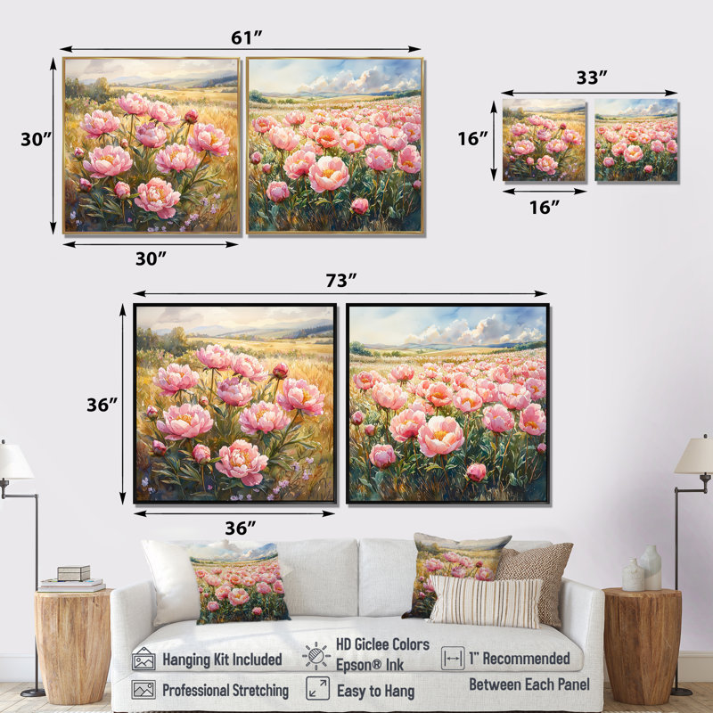 Pivoines dans le champ ensoleillé I - Art mural pivoines - Art mural traditionnel sur toile 2 pièces, H 36 po x l 73 po
