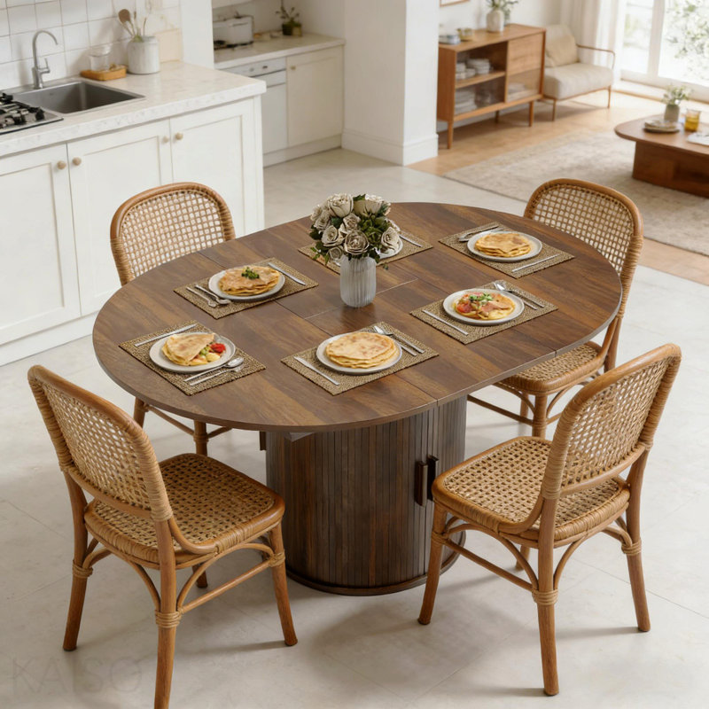 Extendable Round to Oval Wooden Dining Table with Storage (Only Table)