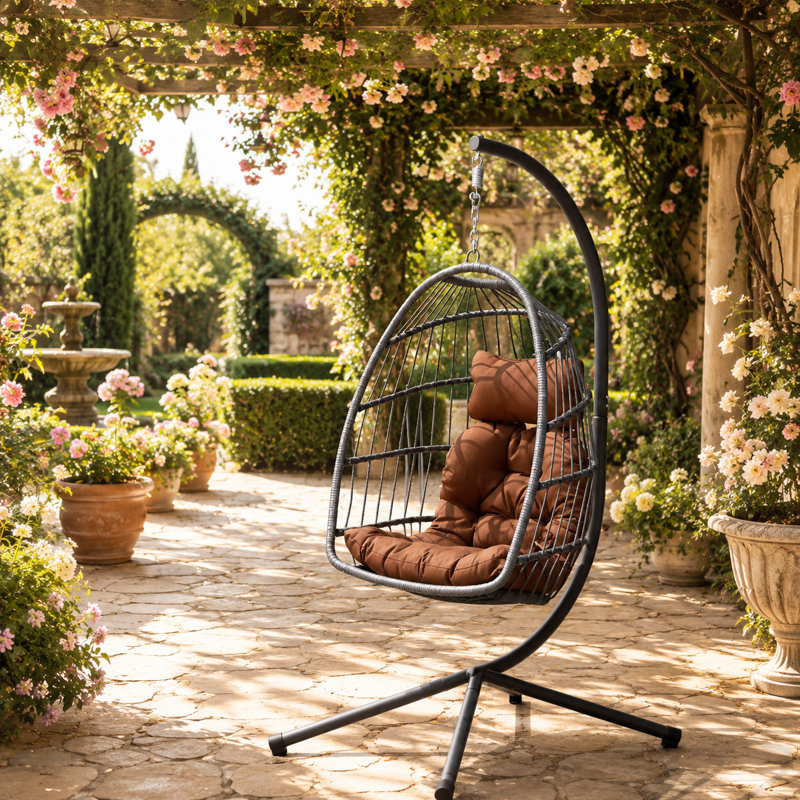Fauteuil à œufs suspendu d'extérieur avec support, balancelle en osier PE avec coussin et coussin, Brown