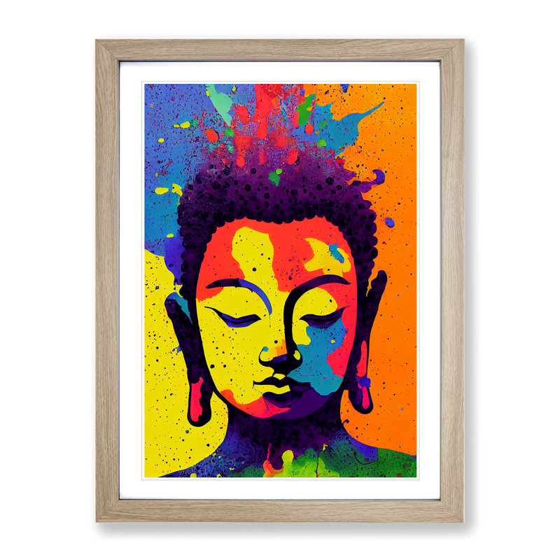 Buddha Splashed No.3 - Wall Art, 66cm H x 48cm W x 2cm D, Oak Framed, White