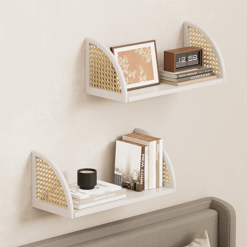 Set of 2 Wood Floating Shelves with Rattan Sides, 40.6 cm, White