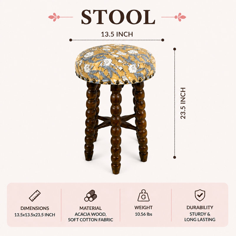 Tabouret de bar rembourré avec cadre en bois d'acacia massif Spindle, Beige