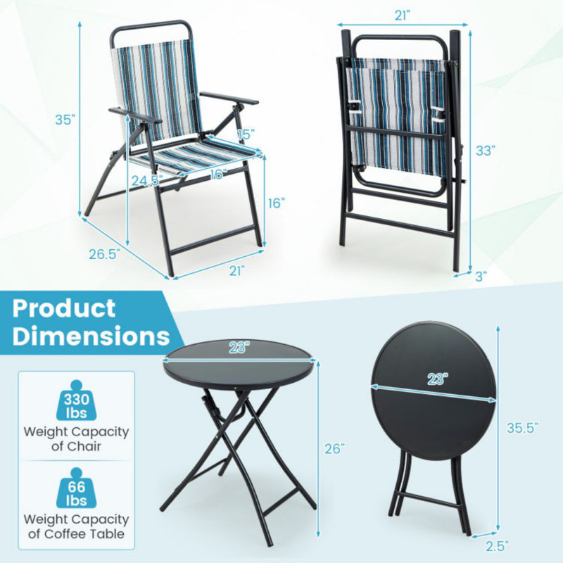 Ensemble de 3 chaises pliantes pour l'extérieur