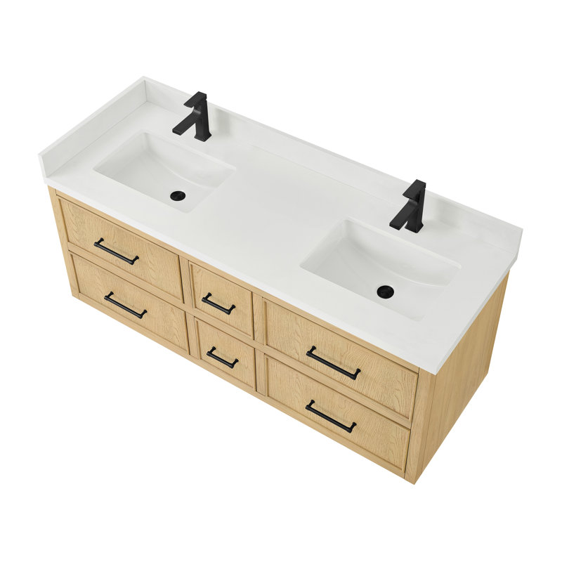 Meuble-lavabo double mural Isola WM 60 po en chêne scandinave, comptoir en quartz blanc, lavabos carrés encastrés (1 trou), garniture noire mate