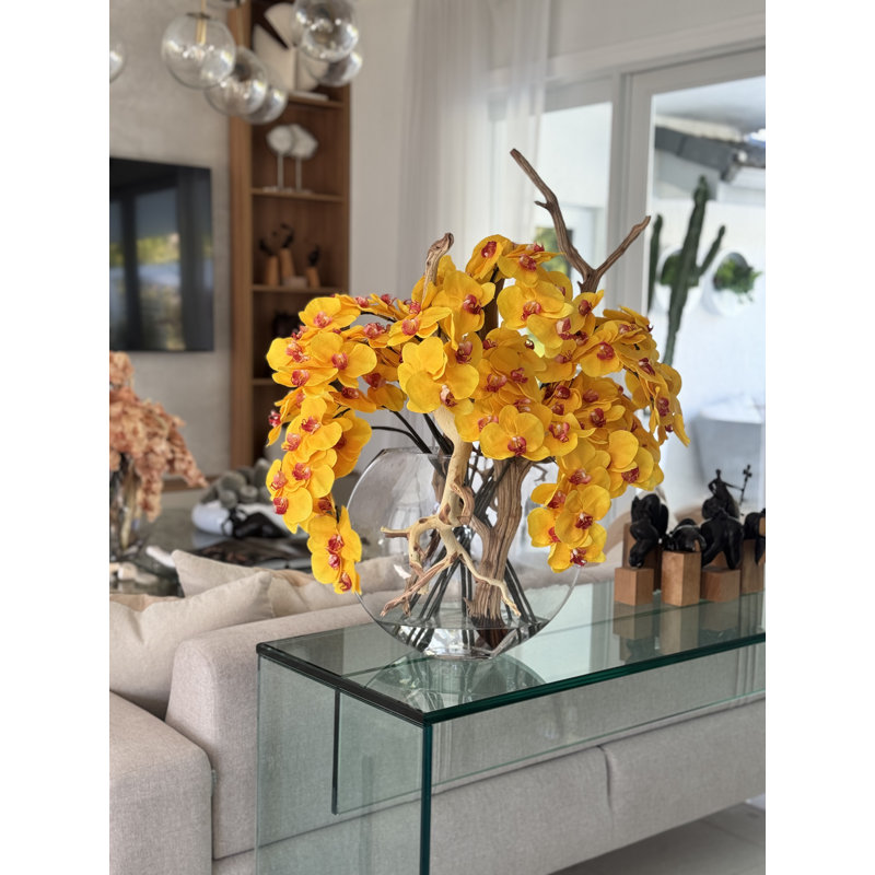 16" Glass Moon Vase With Light Brown Orchids And Driftwood, Yellow