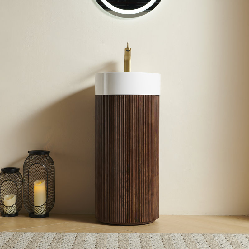 Meuble-lavabo cylindrique autoportant avec lavabo à surface solide et armoire texturée 3D grain de bois Lumisphere, Blanc