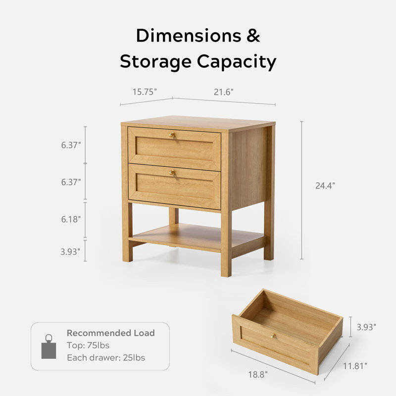 Table de chevet à 2 tiroirs en bois avec tablette, Chêne, Ensemble de 2