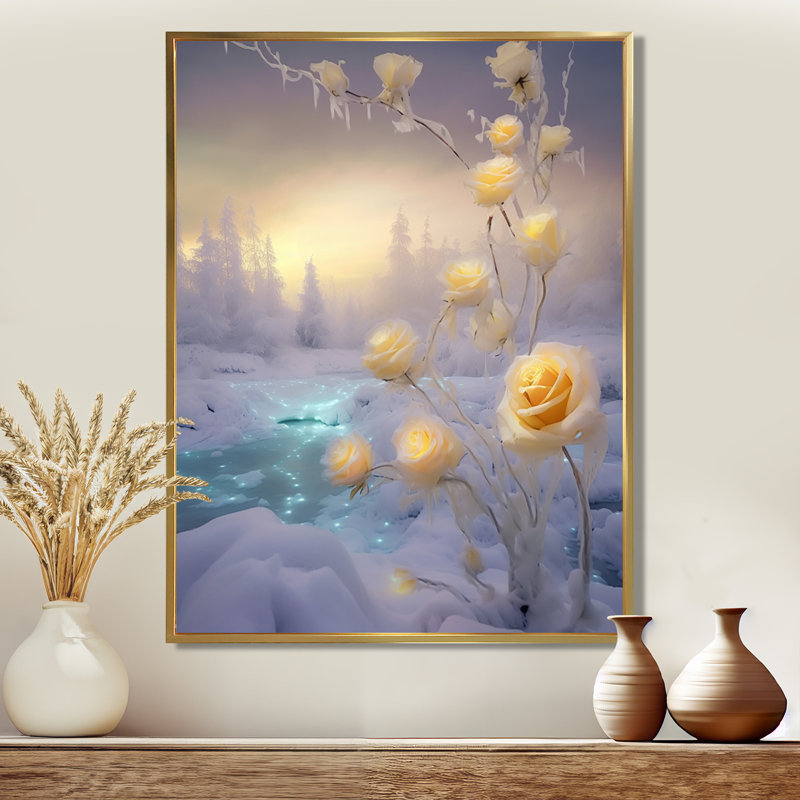 Jaune jaune, coucher de soleil et champ d'hiver brillant - roses, art mural, Toile avec cadre flottant or
