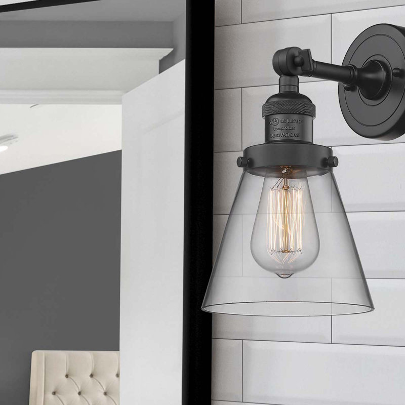 Cone 1 Light Sconce, 60 Watt Vintage Incandescent Bulb, Clear, Matte Black