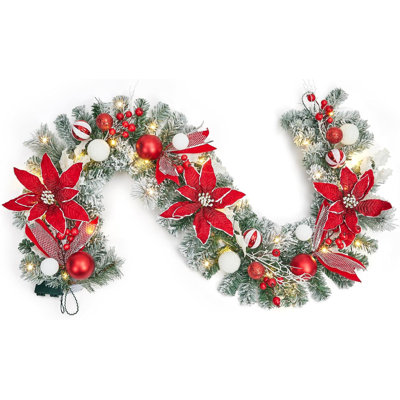 Guirlande de Noël 6 pi avec 20 lumières DEL, fleurs, boules et baies - Décoration de Noël à piles pour cheminée, manteau de cheminée, intérieur et extérieur