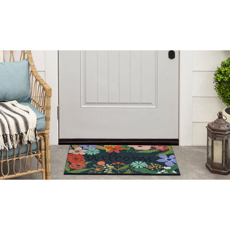 Navy and Green Floral Recycled Rubber Outdoor Welcome Mat