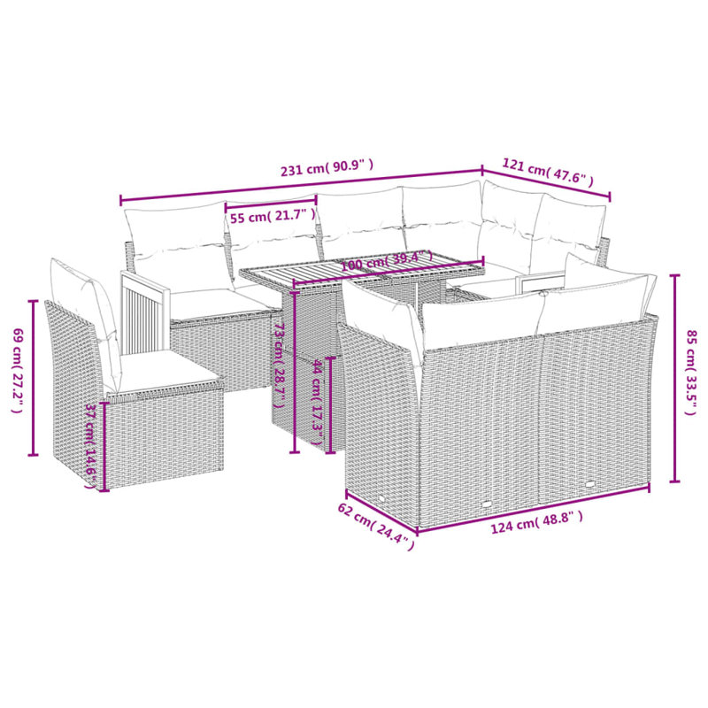  Ensemble de canapé de jardin avec accoudoirs réglables en rotin PE beige