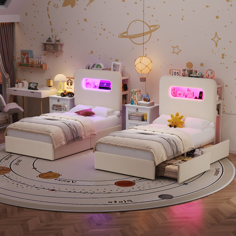 Upholstered Bed Frame, Storage Bed with LED and Charging Station, Twin, White