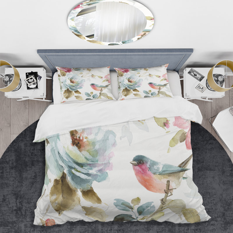 Floral Duvet Cover Set - Beautiful Bird Romance I, King Duvet Cover + 2 Shams