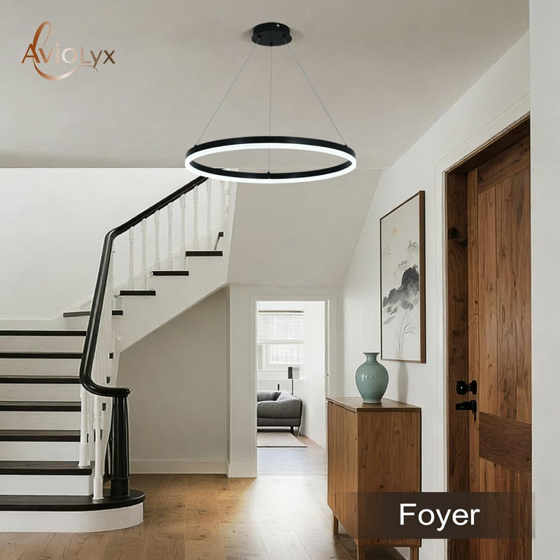 Lustre moderne à anneaux à DEL avec télécommande, suspension réglable à intensité variable pour hauts plafonds, îlot de cuisine pour salle à manger et salon