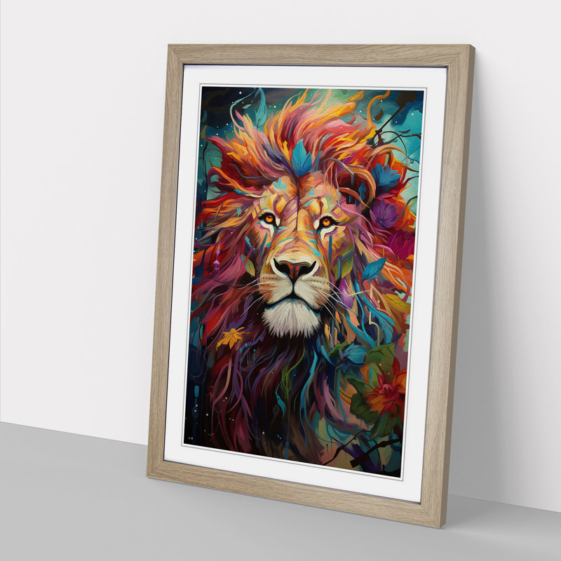 Lion Orphism - Single Picture Frame Print on Wood, 64cm H x 46cm W x 2cm D, Oak