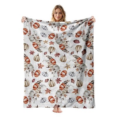 JYK Halloween Flannel Fleece Twin Blanket, Lightweight, Breathable, Soft Cozy Warm Plush Microfiber, 60"x80",  Watercolor Pumpkins Leaves