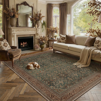 Luxey Vintage Oriental Area Rug in Red brown with Non-Slip Tapes