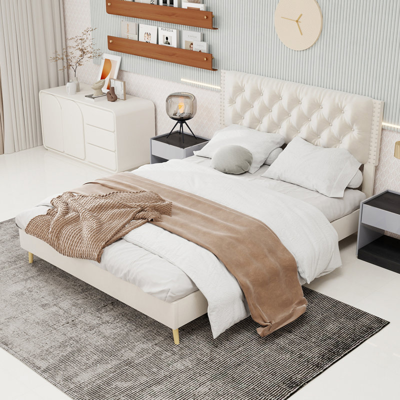 Lit tapissier en velours, Beige, Grand lit