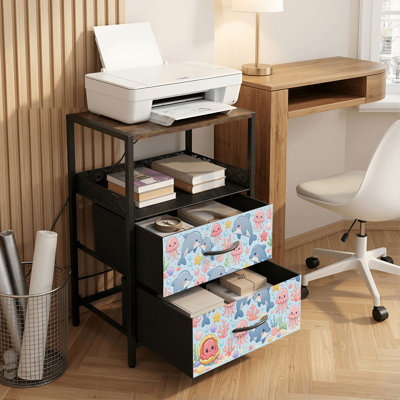 Table de chevet 2 tiroirs avec station de charge, table de chevet pour chambre avec ports USB et amp; Outlets, tablette ouverte noire, table de chevet avec jolie scène sous-marine, dauphins, méduse, étoile de mer, corail, couleurs pastel