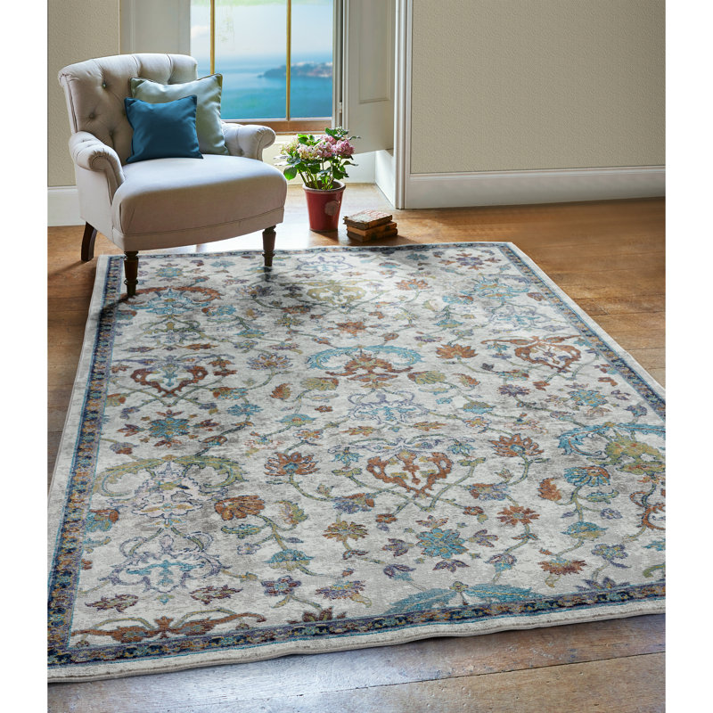 Tapis floral gris / bleu Gleaves, Rectangle 8 pi 9 po x 11 pi 9 po