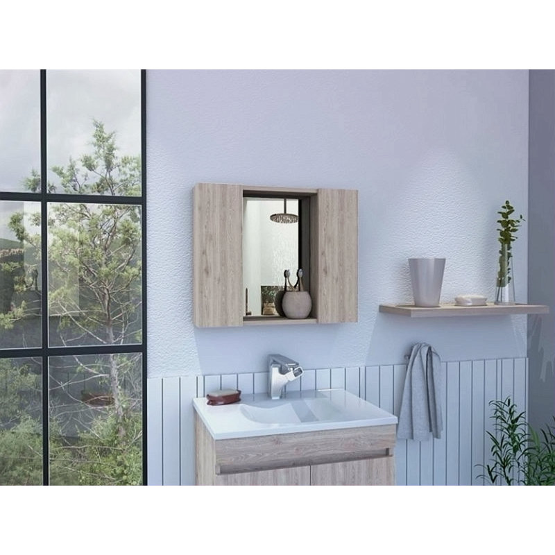 Pharmacie, miroir, porte double, une tablette extérieure, Gris