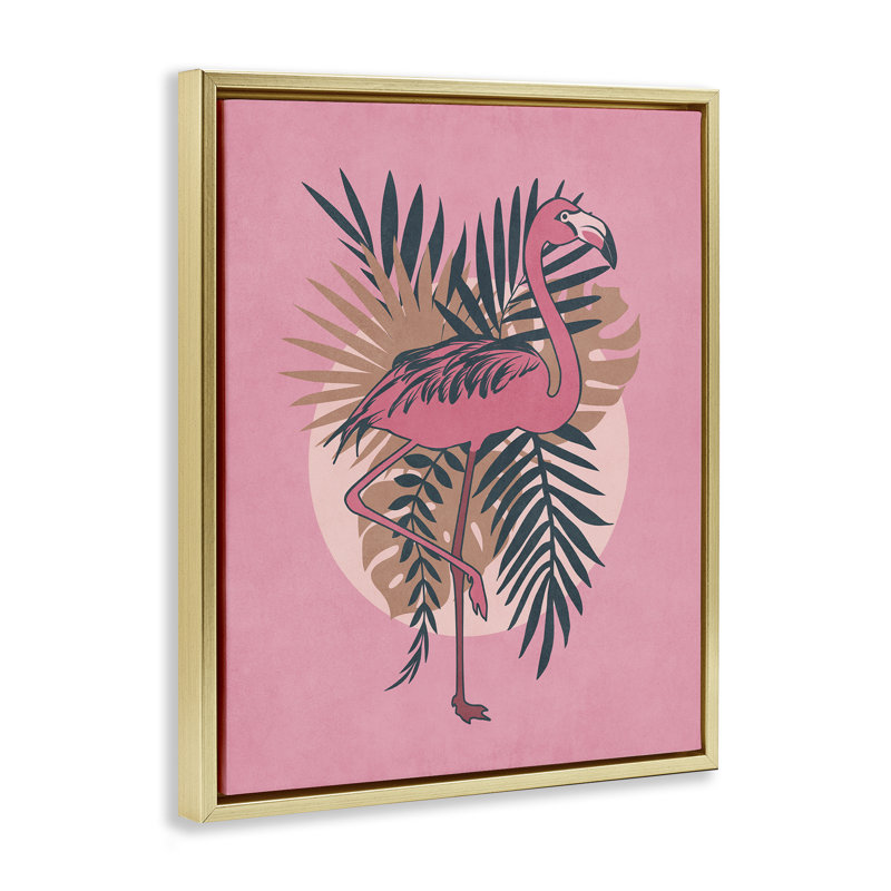 «Pink Retro Flamingo Brown» par Nataly White, Cadre flottant métallique doré, H 21 po x l 17 po