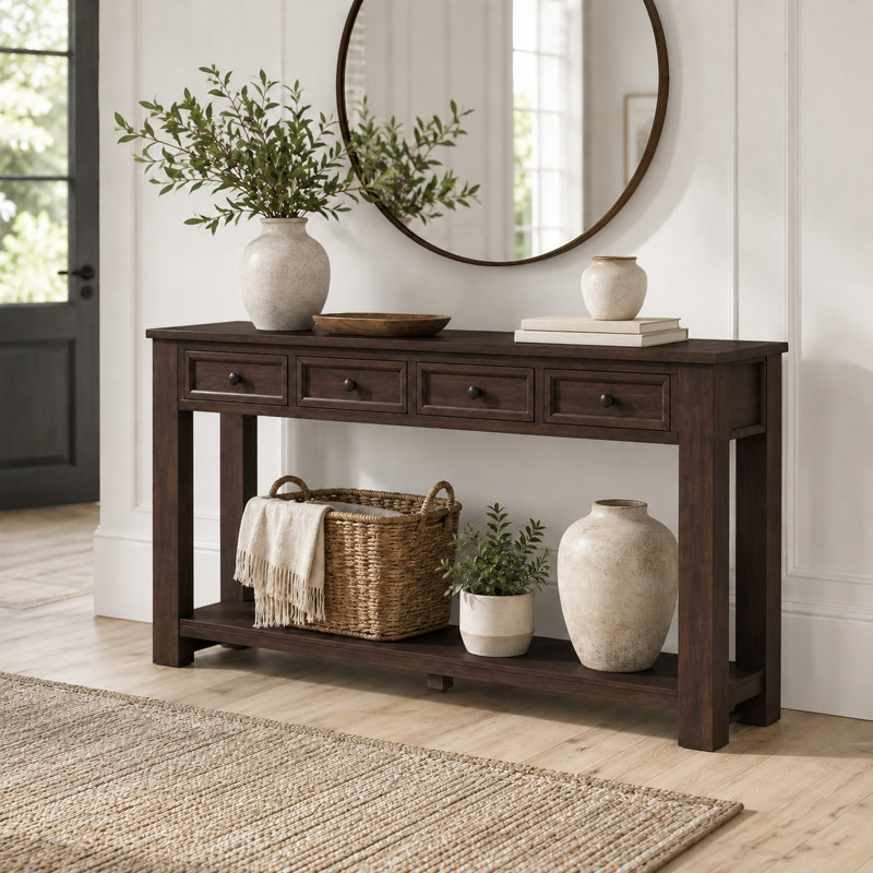 Console en bois avec tiroirs et tablette inférieure Ameah, Espresso