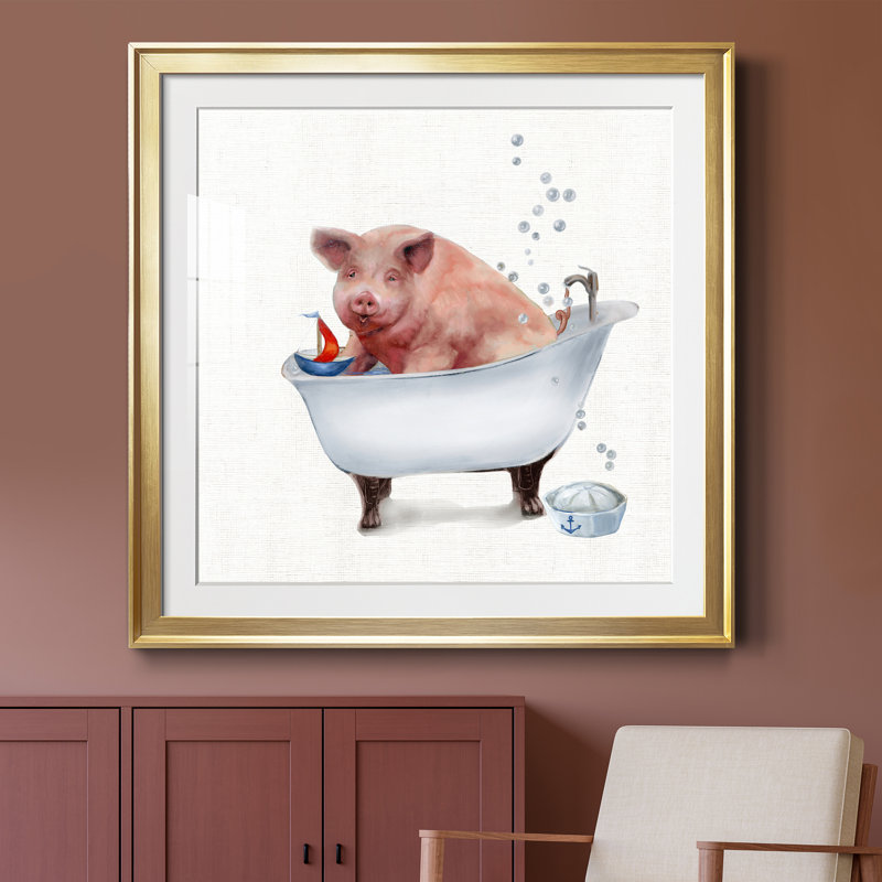 «Farm Tub Pig» - peinture encadrée, Encadrement doré, H 26,5 po x l 26,5 po x P 1,5 po